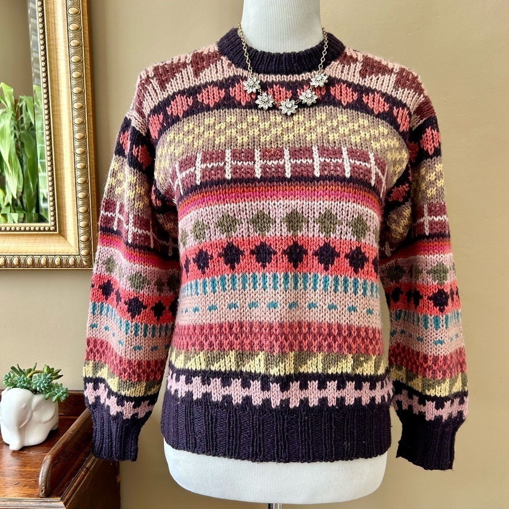 Vintage Andina Peruvian Fair Isle Striped Crewneck Sweater Multi Color Size S M